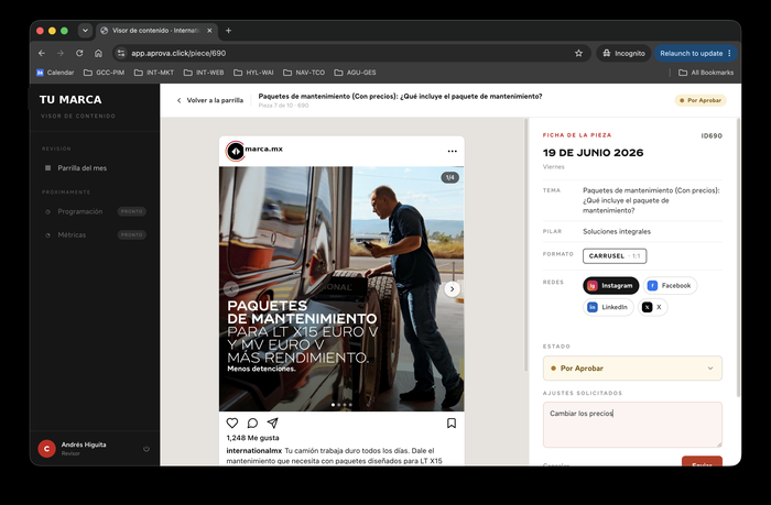 Ajustes solicitados en una pieza en la app Aprova