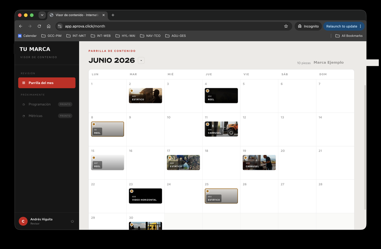 Calendario de contenido en la app Aprova